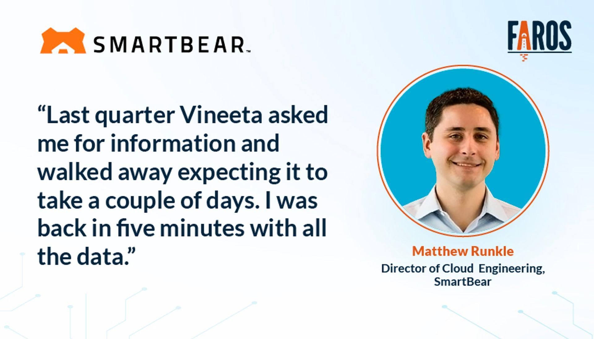 Image features a quote by Matthew Runkle, Director of Cloud Engineering at SmartBear saying "Last quarter Vineeta asked me for information and walked away expecting it to take a couple of days. I was back in five minutes with all the data."