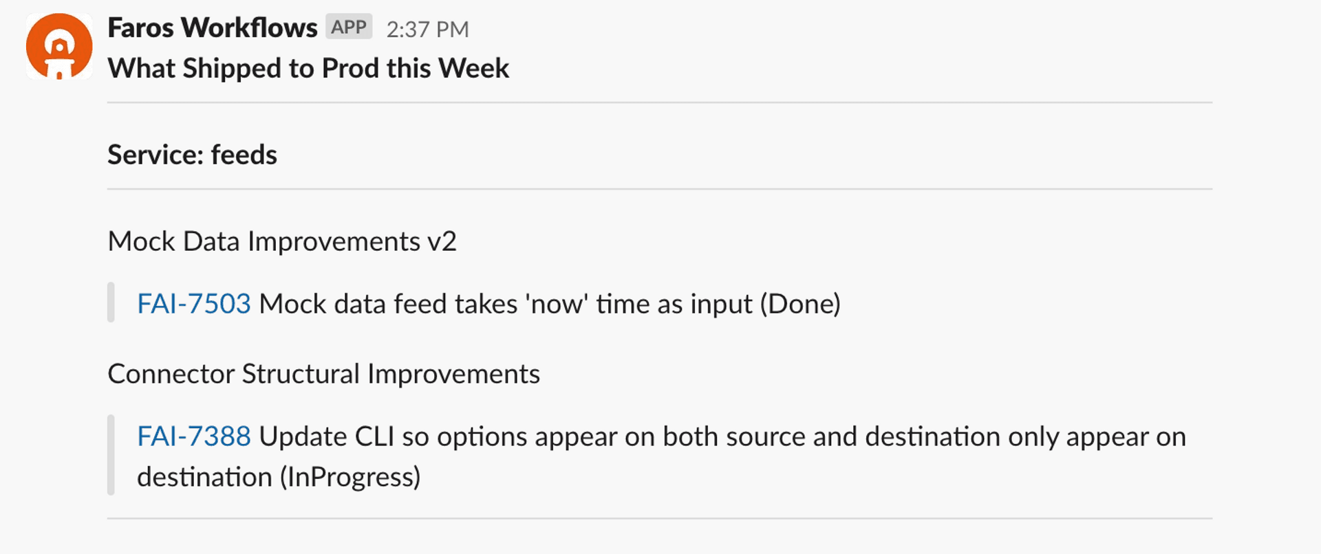 A screenshot of a Faros AI Slack notification containing a weekly update of what's been shipped to production this week
